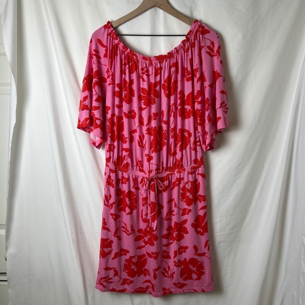 LASCANA Off The Shoulder Midi Dress Pink Floral Size 12 Tropical Vacation NEW